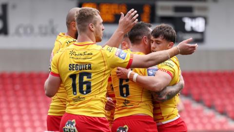 Catalans celebrate Mitchell Pearce's try