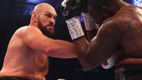 Tyson Fury lands a straight right on Dillian Whyte