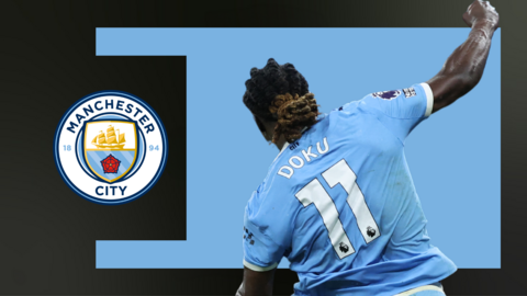 Jeremy Doku in front of a sky blue background and a Man City crest