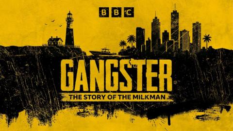 Art for the podcast Gangster, featuring a city skyline on a yellow background.