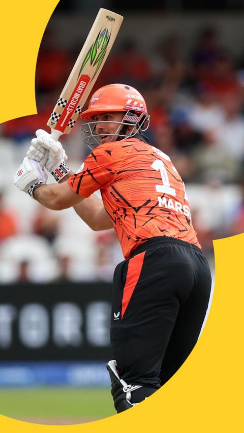 Mitch Marsh holds his bat in the air preparing to strike