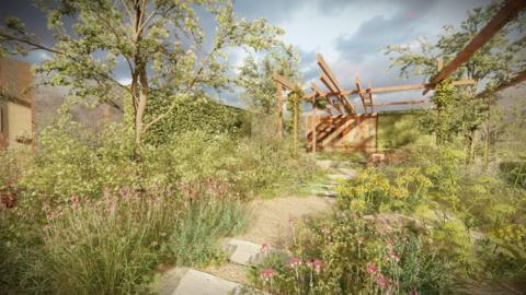 an illustration which shows a timber frame, wildflowers, pathways, trees