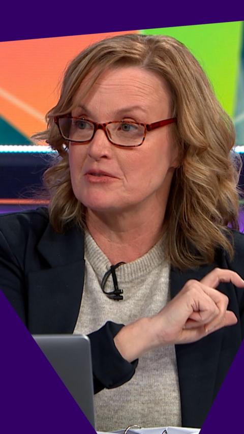 Prof Ailsa Henderson is sitting behind her laptop screen and gesturing. There is a purple graphic border on the image.