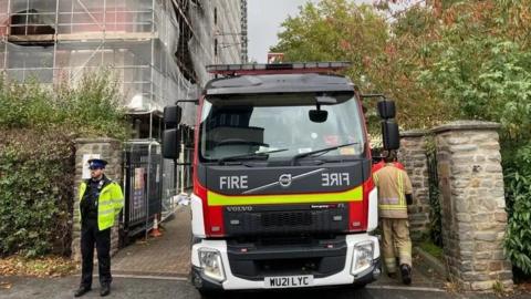 Fire engine at flats in Barton Hill in Bristol