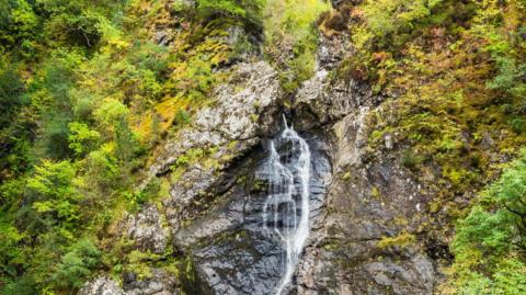 Water at the Falls of Foyers cascades down the side of a steep, tree-lined gorge.