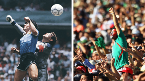 A composite image of two different photos. The left side captures the iconic “Hand of God” moment — Diego Maradona in a light‑blue Argentina kit rising above England’s goalkeeper, arm outstretched, touching the ball as both leap into a packed, sunlit stadium. I The right side shifts to pure emotion: a crowd of fans in green, arms raised, faces lit with excitement, bodies packed tightly together. 