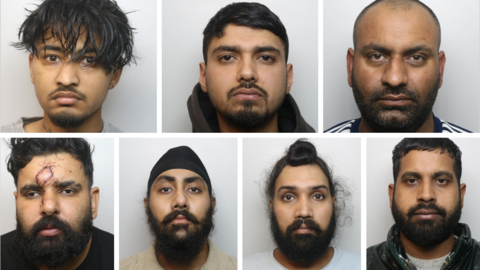 Custody photos of Malkeet Singh, Parminder Singh, Karamjit Singh, Hardev Uppal, Jagjit Singh, Baljit Singh and Doodhnath Tripathi