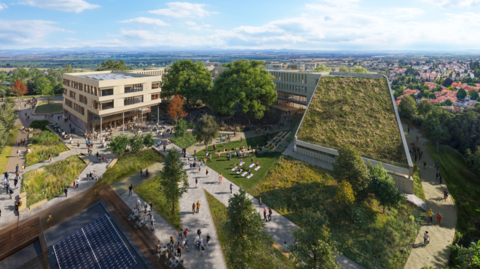 A computer-generated image showing a three storey building, with a slanted roof that has grass on it. On the ground floor are people walking around and trees.