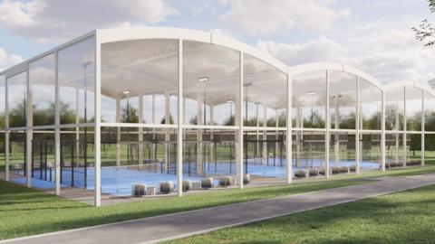 Artists sketch of the new padel courts. Three courts can be seen, housed inside a glass structure. A path leads to the door of the strcuture.