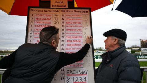 Bookmaker updating the odds for the Grand National at Aintree racecourse