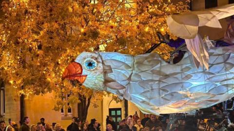 A close up of Shanti the giant bird during a parade in Northampton. It is a large puppet made of white cloth, with a bright blue eye and orange beak. People are standing about it and taking photos. 