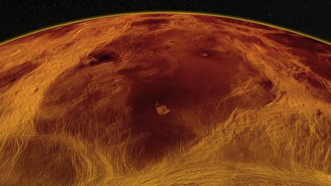 An oblique radar view of Nüwa Campus, the largest block in the Venus lowlands. Complex belts of tectonic structures bound the block. Its interior shows signs of lava flows and a handful of impact craters