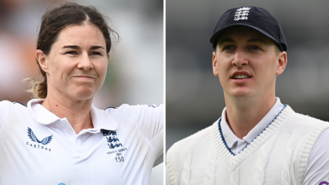 Tammy Beaumont (left) and Harry Brook (right) in their England Test kit