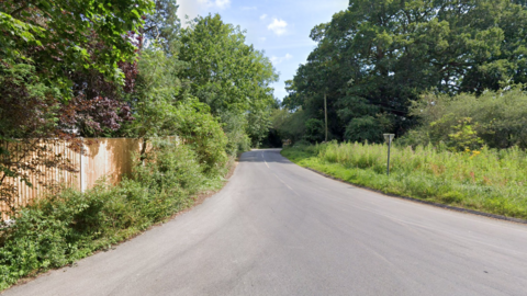 An image from Google Maps of the top of Town Littleworth Road that meets with Ridgelands Lane. The sides of the road are lined with green bushes, grass and trees. There are no visible footpaths for pedestrians.