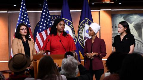 Rashida Tlaib, Ayanna Pressley, Ilhan Omar and ALexandria Ocasio-Cortez spoke at a press conference on Monday