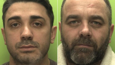 Police custody images of Christi Grigore, on the left, and Gheorghe Tagarici, both on a green background