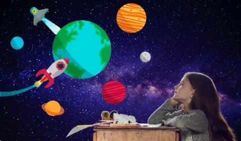 girl sat at desk looking at planets in cartoon style in night sky