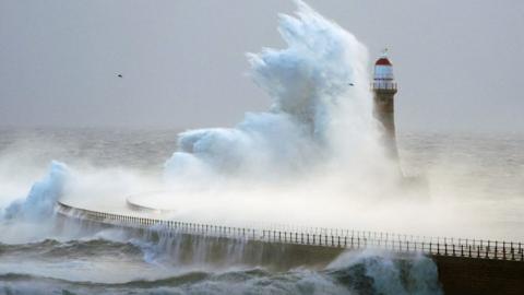 A huge wave crashed into Roker lighthouse in Sunderland,