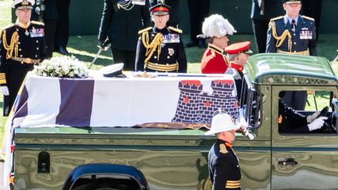 The Duke of Edinburgh's coffin on the modified Land Rover