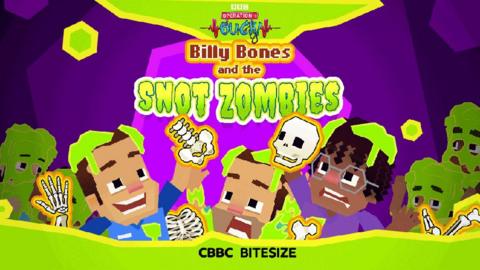 Operation Ouch! Billy Bones and the Snot Zombies game cover, animated doctor characters are covered in green slime with skeletons.