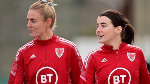 Sophie Ingle and Angharad James prepare for training