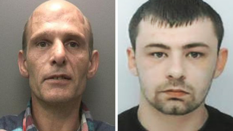 A composite of two men's mugshots, side by side. On the left is a middle-aged man and on the right is a younger man. 