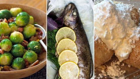 Montage image showing brussels sprouts, a fish being cokked with lemon, and sponge cake split open and covered with icing and icing sugar.