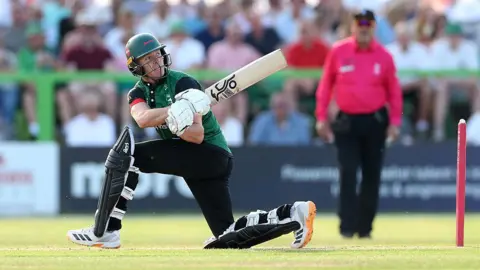 Ben Cox of Leicestershire Foxes bats during the Vitality Blast match between Leicestershire Foxes Men and Lancashire Lightning Men a