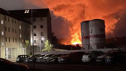 A picture of flames at the former Stoneywood Paper Mill in Aberdeen
