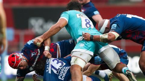 Bristol's Siale Piutau (red scrum cap) and Worcester's Marco Mama (8) were both on the scoresheet at Ashton Gate