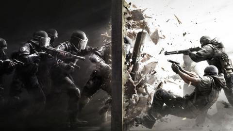 Artwork for Rainbow Six Siege sees two opposing groups shoot through a wall at each other