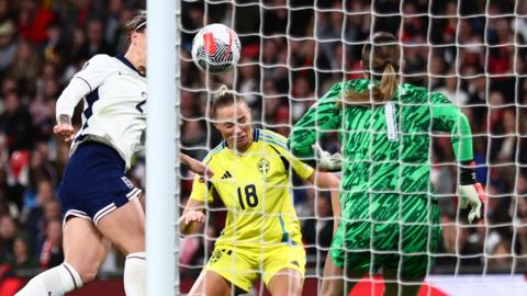 Fridolina Rolfo heads in Sweden's equaliser against England in Euro 2025 qualifier