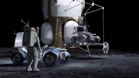 Illustration of two astronauts and a space car next to a Nasa Moon base