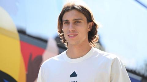 Riccardo Calafiori of Italy arrives at Hemberg-Stadion prior to the Italy training session on June 26, 2024