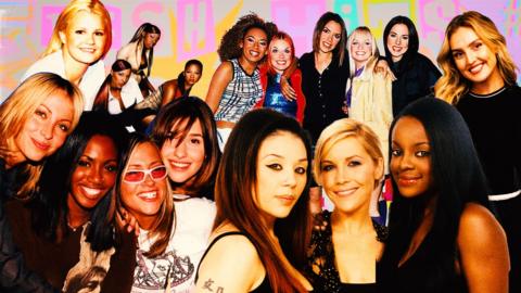 Girlbands the Spice Girls, Sugababes. All Saints
