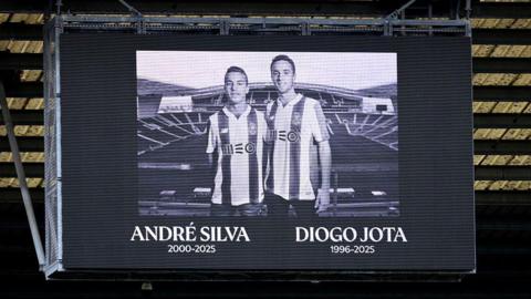 The LED board shows a tribute to former football player Diogo Jota and his brother Andre Silva who passed away on the 3rd of July 2025