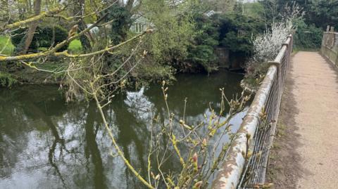 A view of a metal footbridge next to a wide section of river