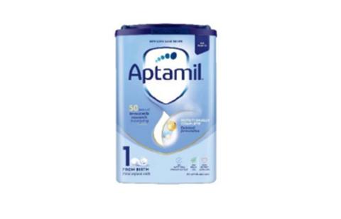An image of the product Aptamil infant formula from birth, which is coloured blue with a dark blue lid