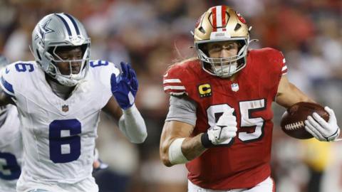George Kittle of the San Francisco 49ers runs with the ball after a catch against the Dallas Cowboys in October 2024