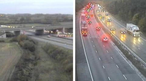 Two motorway photos side by side. The one on the right includes particularly heavy traffic on one of the carriageways at the top of the image.