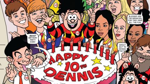 A cartoon illustration showing character Dennis the Menace and celebrities like Jack Black, Mr Beast, Angry Ginge, Little Mix and Mr Bean next to a 10th birthday cake