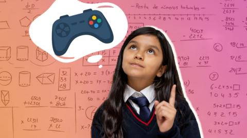 girl pointing towards gaming controller, surrounded by complicated maths