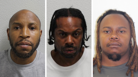 Three police mugshots of men staring blankly at the camera in grey and white T-shirts