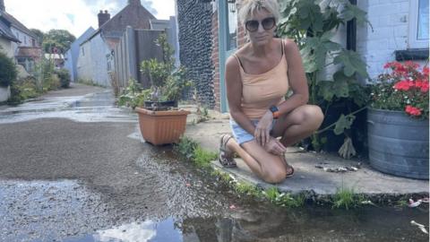 Julia Hawksworth inspecting water running down The Loke