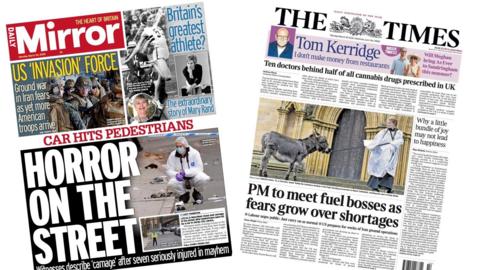 A composite image of the front pages of the Daily Mirror and the Times on 30 March 2026