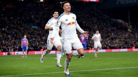 Ethan Ampadu of Leeds United celebrates scoring.