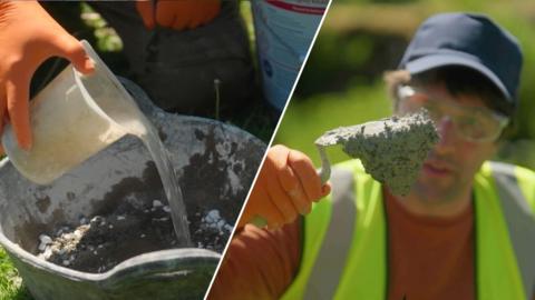 A split picture consisting of water being poured into a bucket with river gravel and limestone alongside a photo of a man in a high vis jacket holding up the newly created mortar.