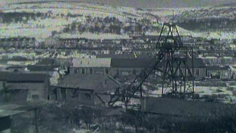 A black and white image of a former mining community 