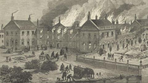Vintage engraving showing a fire engulfing old Clumber House in 1879