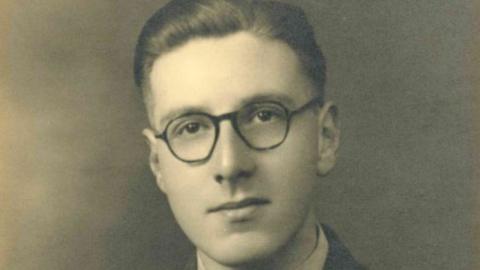 Ronald Gale black and white pictures from possibly 1940s showing him wearing glasses and dressed in a suit